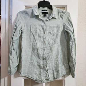 Tahari 100% Linen Button Down Shirt Sage Green Roll Tab Sleeve S FLAW READ DESC